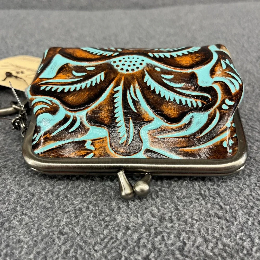 Patricia Nash Borse Coin Purse Women Turquoise Tooled Leather Floral Kiss Lock